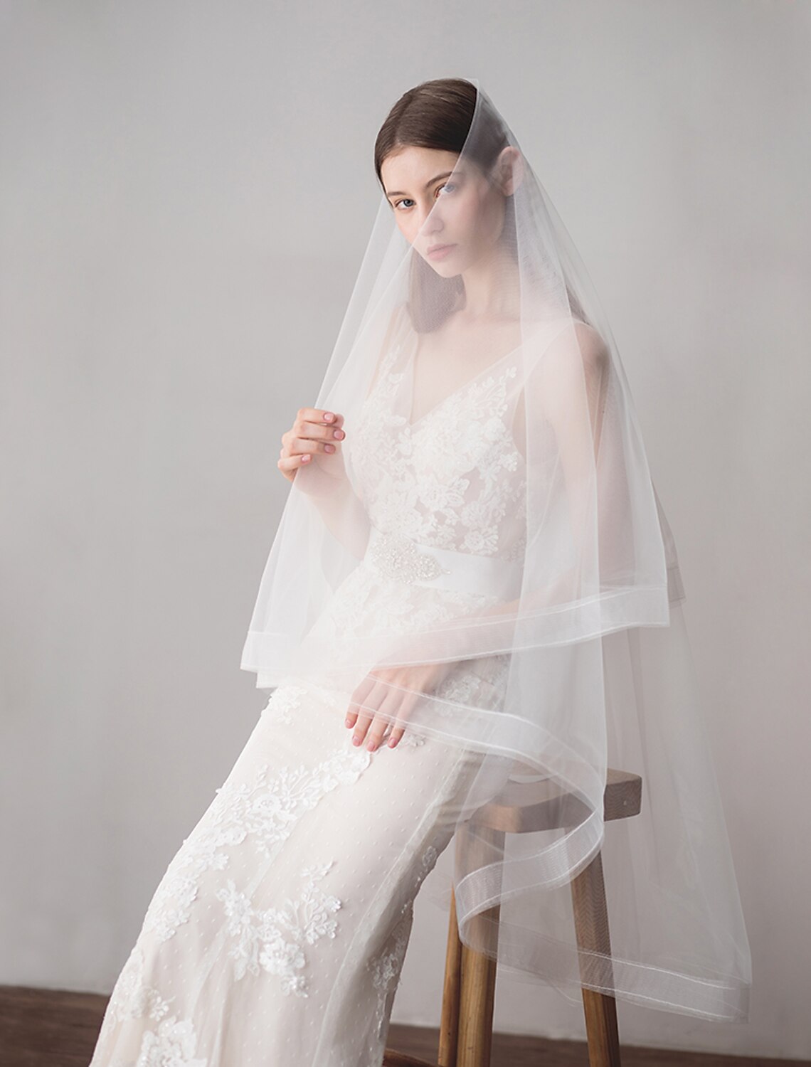 Wholesale Two-tier Japan and Korea Style Wedding Veil Fingertip Veils with Fringe 62.99 in (160cm) Cotton / nylon with a hint of stretch / Drop Veil